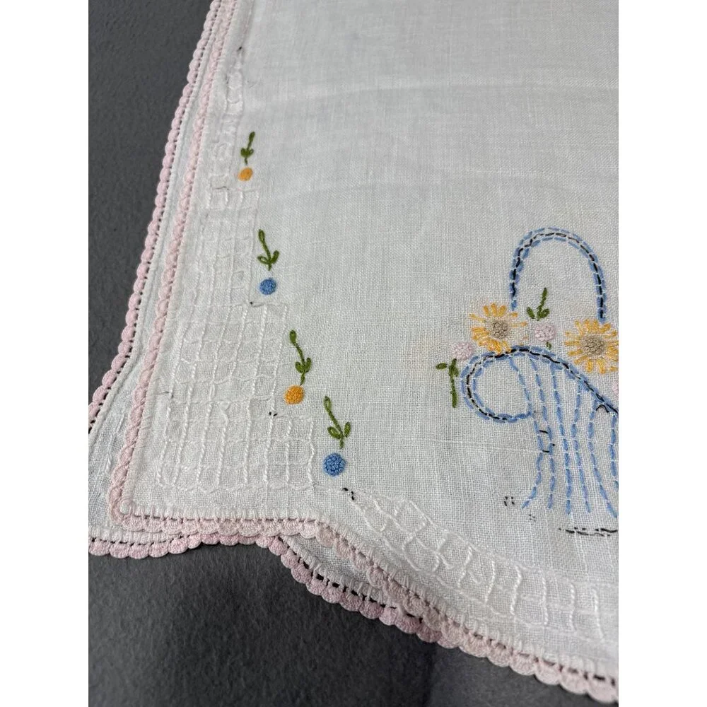 Hand Embroidered Linen Table Runner Flowers & Pink Lace Trim 38x14